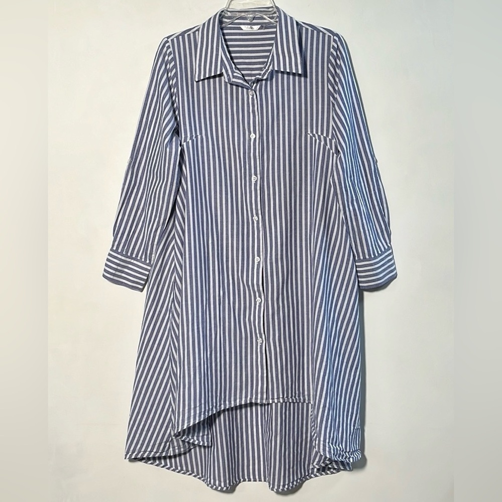 DALIN. Lagenlook Cottage Cotton Blue/White Stripe Hi-Lo Trapeze Tunic Top M/L